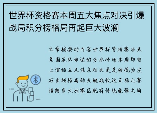 世界杯资格赛本周五大焦点对决引爆战局积分榜格局再起巨大波澜 世界杯资格赛本周五大焦点对决引爆战局积分榜格局再起巨大波澜